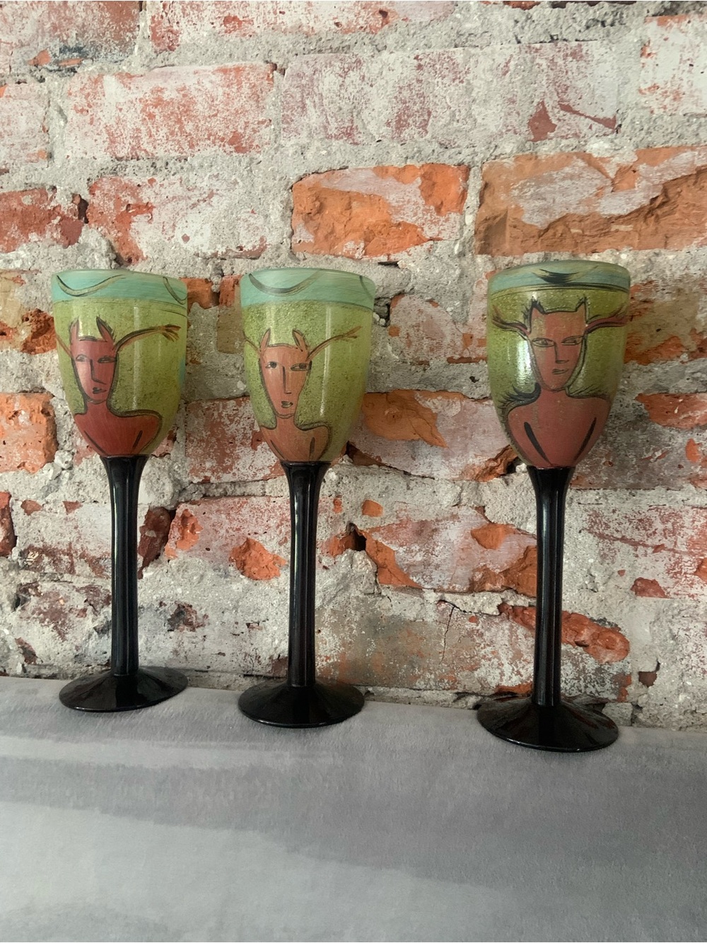 Vintage  80’s Kosta Boda  Diablo hand -Painted Decorative Goblet Set - 3